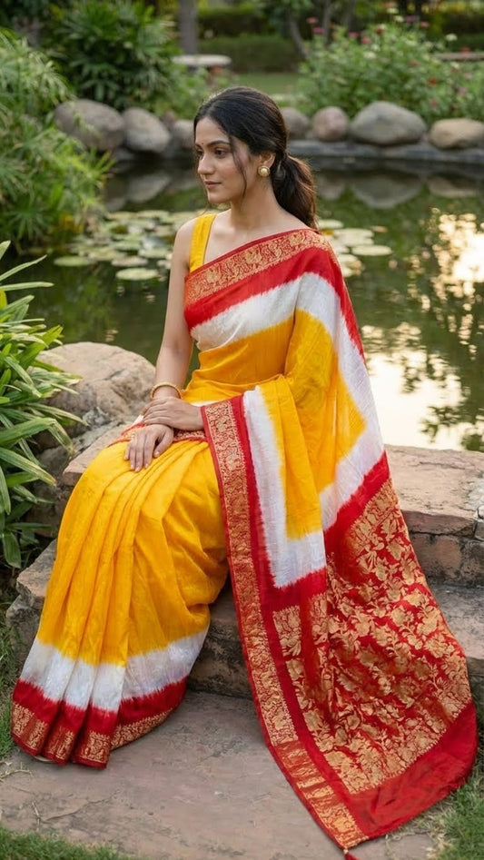 Woman in a yellow & magenta modal silk saree with zari border sitting by a pond.