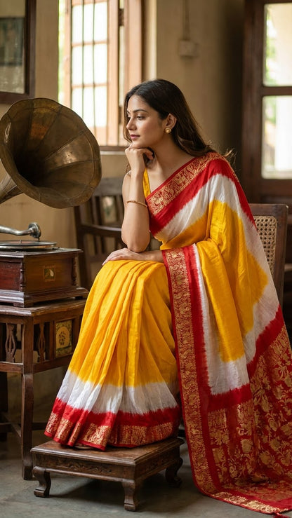 Woman in a yellow & magenta modal silk saree with zari border sitting next to a vintage gramophone.