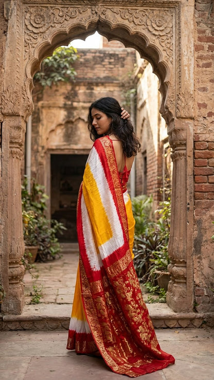 Woman in a yellow & magenta modal silk saree with zari border standing in an archway with brick walls and plants.