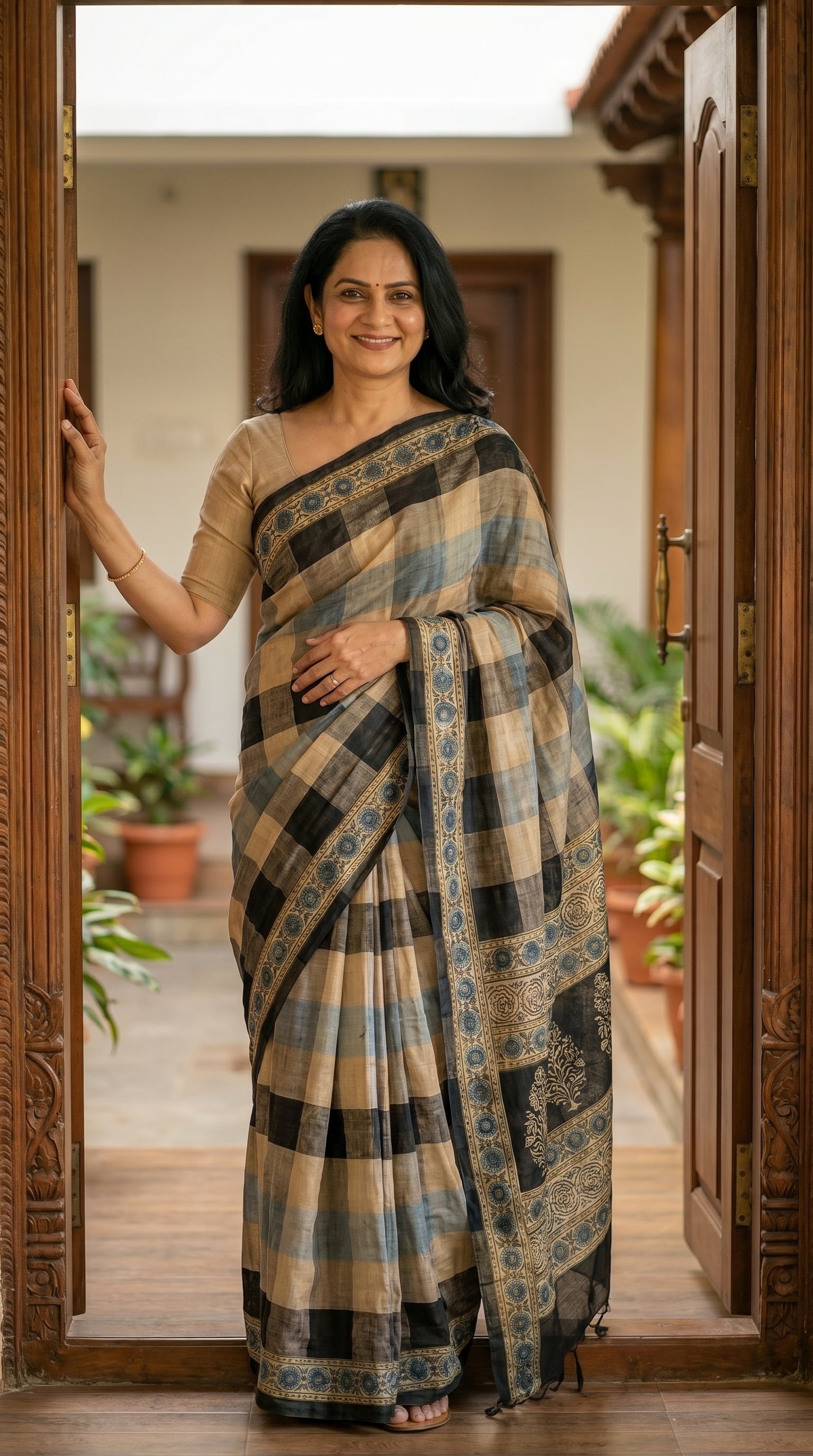 Woman in a saree standing in a doorway with plants in the background