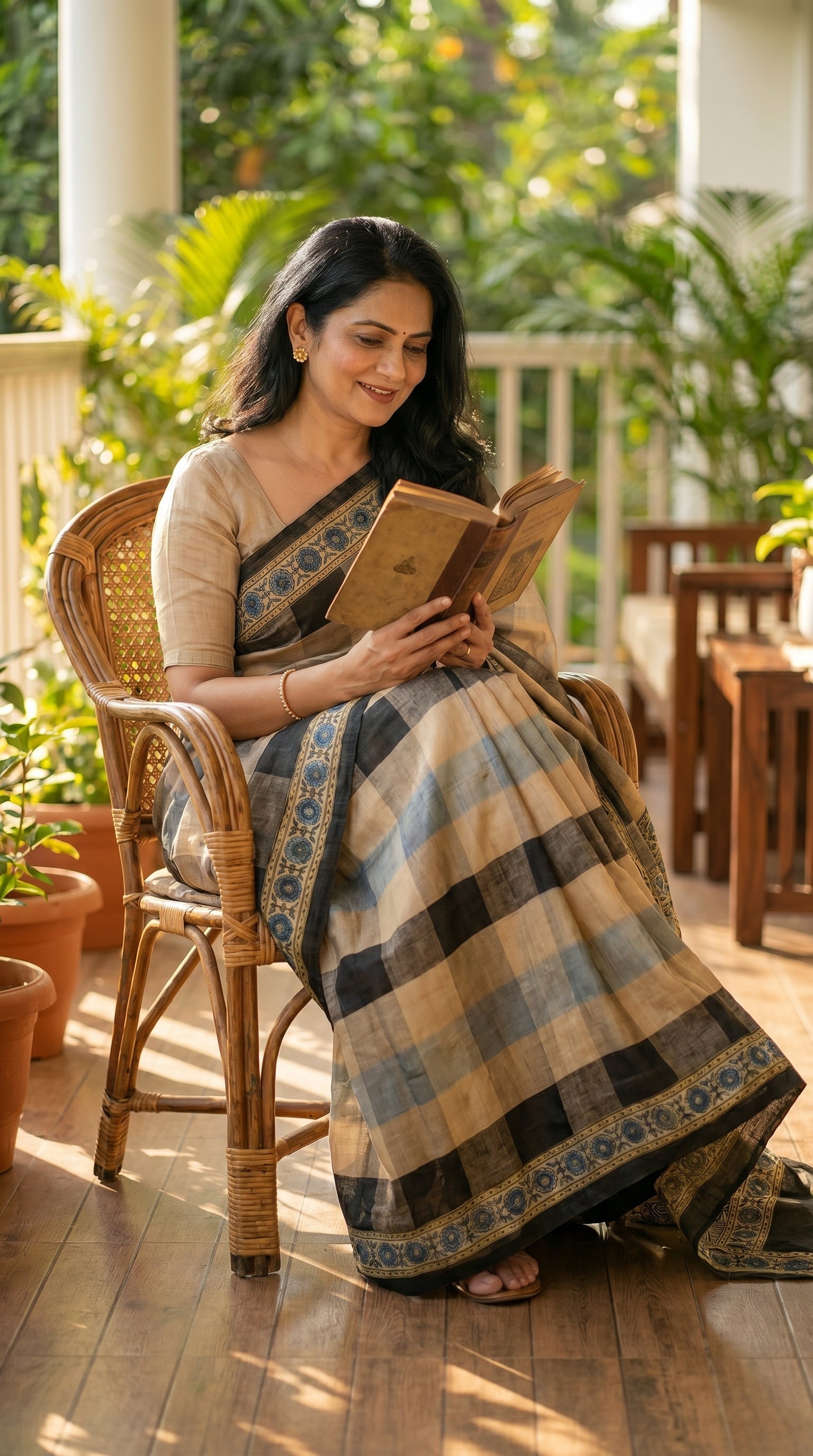 Woman in a checkered saree reading a book on a wooden chair outdoors.