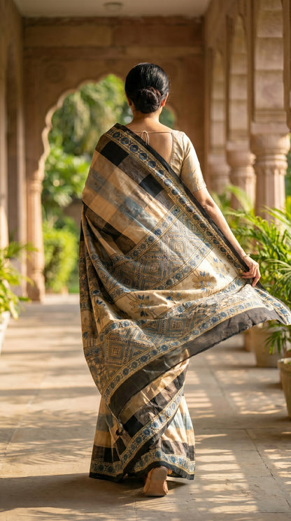 Woman in a traditional saree walking along a pathway with architectural columns and greenery.