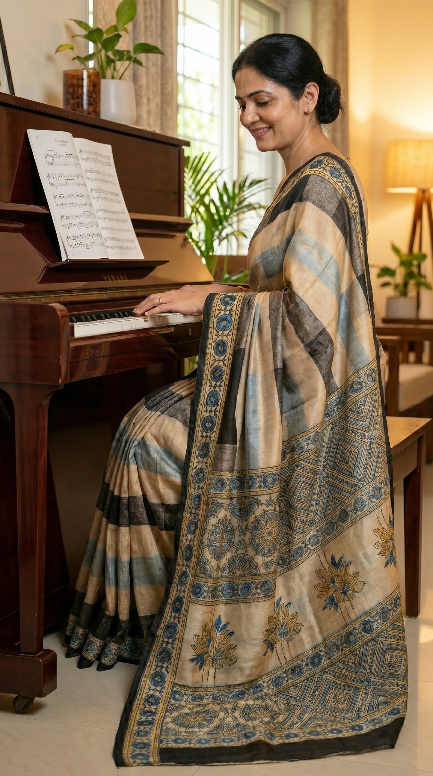 Woman in a traditional saree playing a piano in a room with plants.