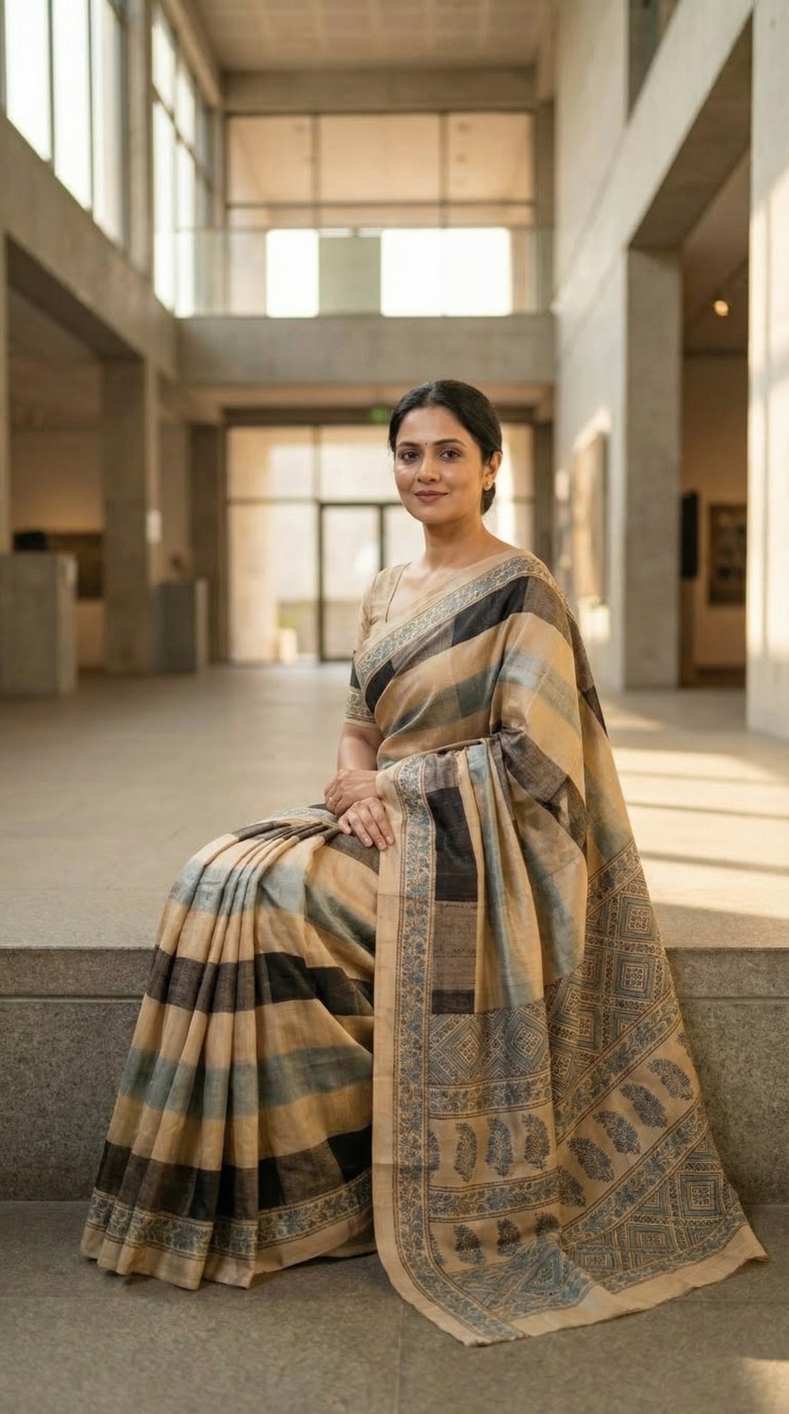 Woman in a Ajrakh Modal Silk Saree – Beige, Black & Blue with Floral Border saree draped, standing in a modern architectural setting.