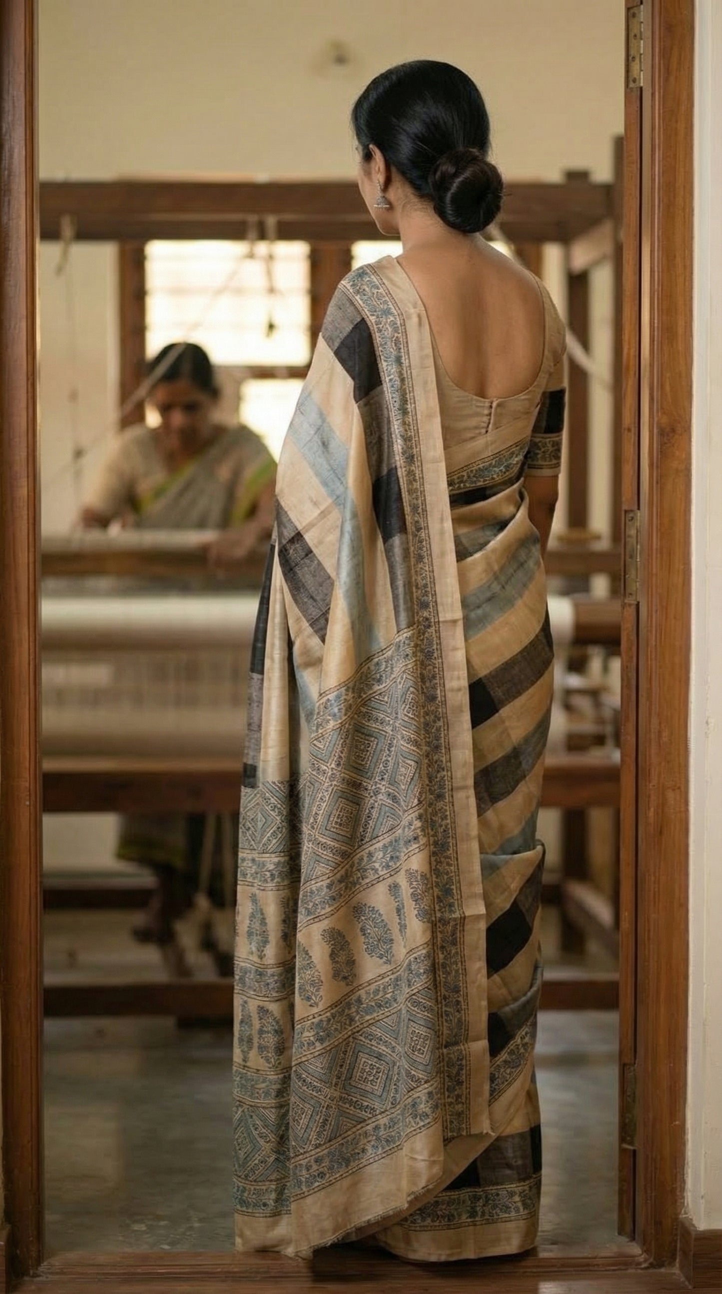 Woman in a Ajrakh Modal Silk Saree – Beige, Black & Blue with Floral Border saree draped, standing in a weaving loom room.