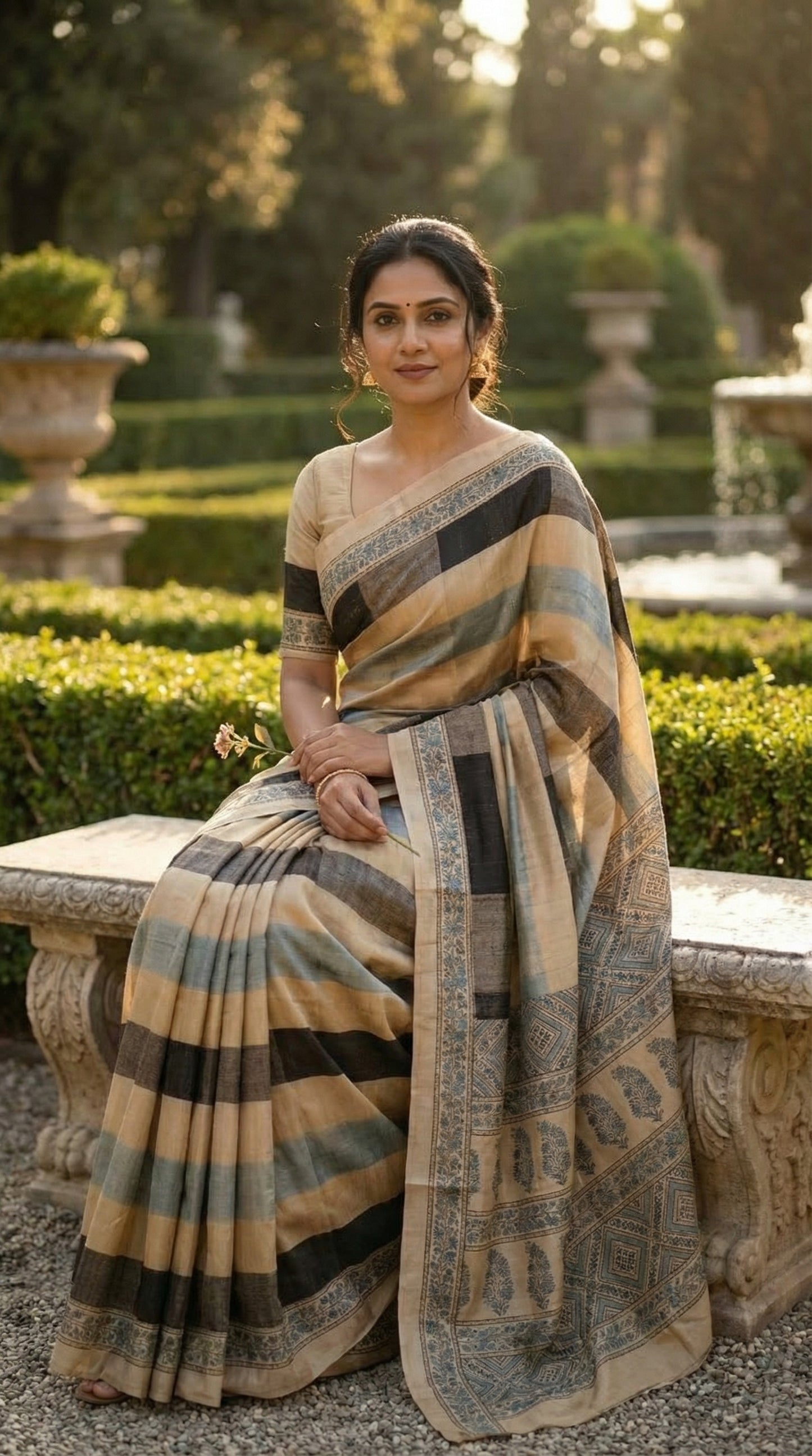 Woman in a Ajrakh Modal Silk Saree – Beige, Black & Blue with Floral Border saree draped, sitting on a stone bench in a garden.