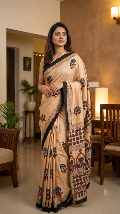 Woman in ajrakh Modal Silk Saree – Beige with Black Borders and Blue-Maroon Pallu saree standing in a room with decor elements.