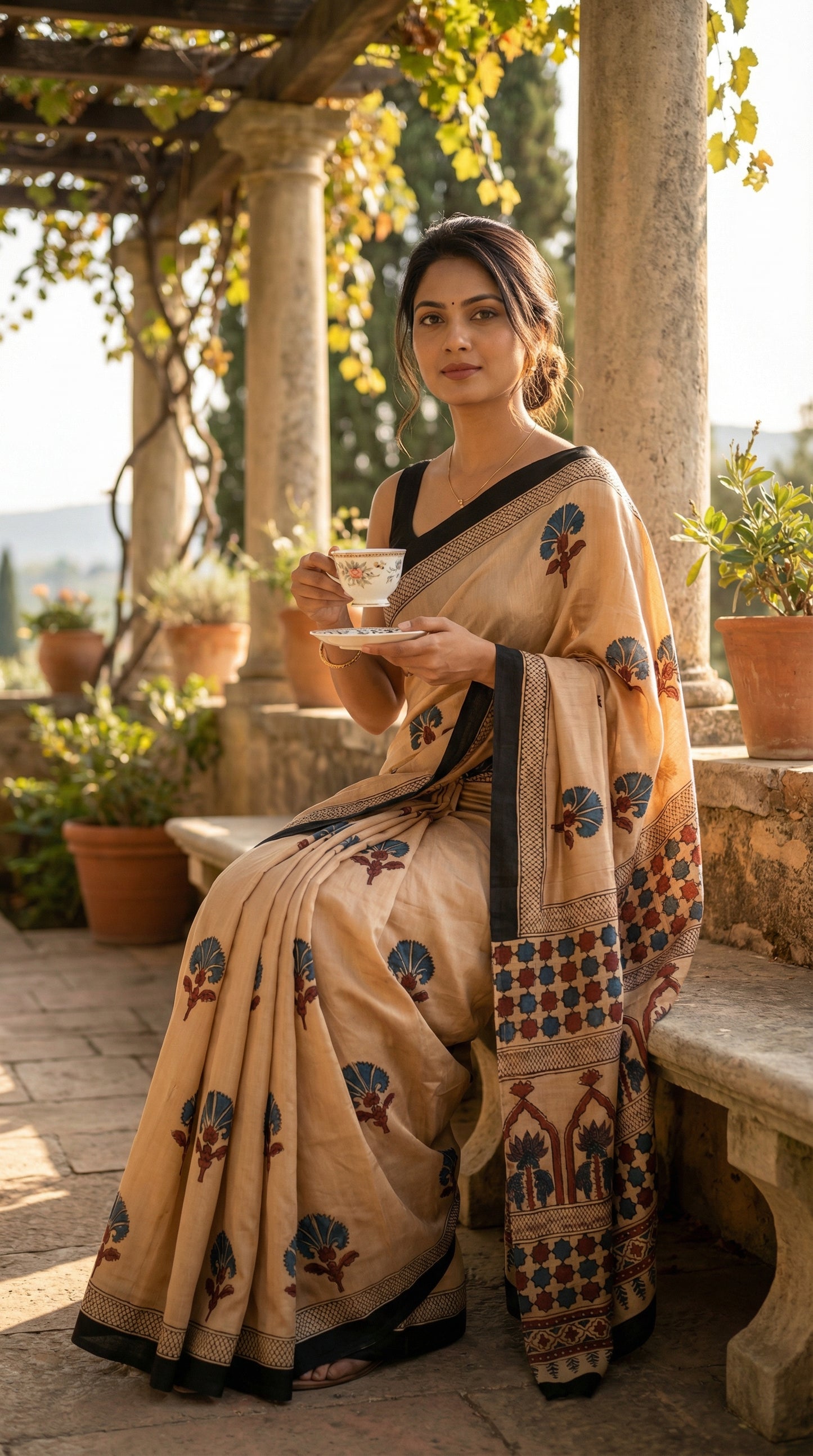 Woman in ajrakh Modal Silk Saree – Beige with Black Borders and Blue-Maroon Pallu saree holding a glass, standing in an outdoor setting with columns and plants.