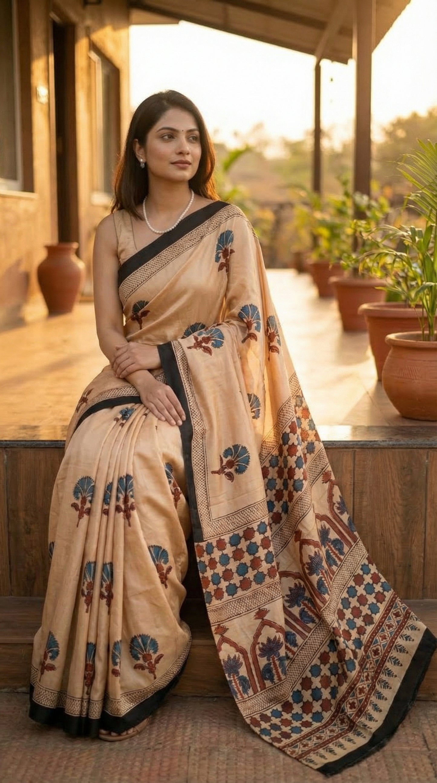 Woman in a Woman in ajrakh Modal Silk Saree – Beige with Black Borders and Blue-Maroon Pallu saree standing on a rooftop with plants in the background.