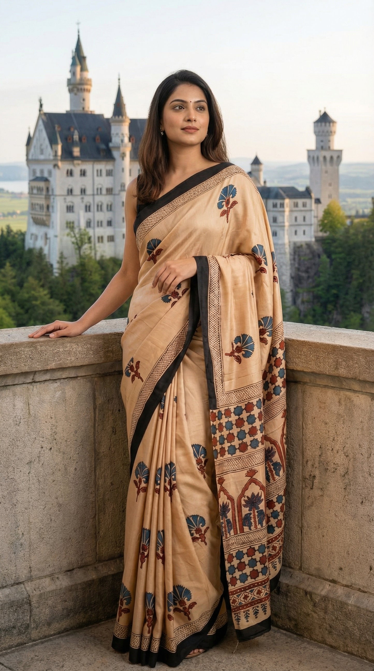 Woman in a Woman in ajrakh Modal Silk Saree – Beige with Black Borders and Blue-Maroon Pallu saree standing on a balcony with a scenic background.
