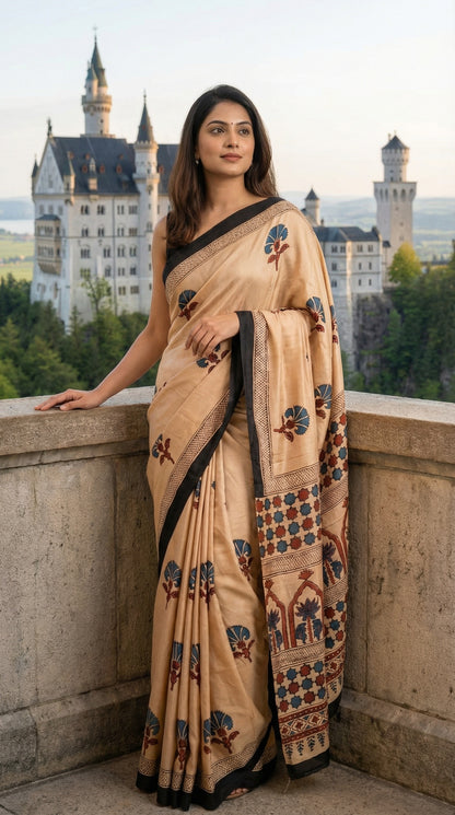 Woman in a Woman in ajrakh Modal Silk Saree – Beige with Black Borders and Blue-Maroon Pallu saree standing on a balcony with a scenic background.