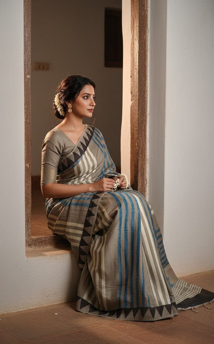 Woman in Ajrakh Modal Silk Saree – Beige & Brown with Blue Stripes and Triangular Border with geometric patterns sitting in a doorway.