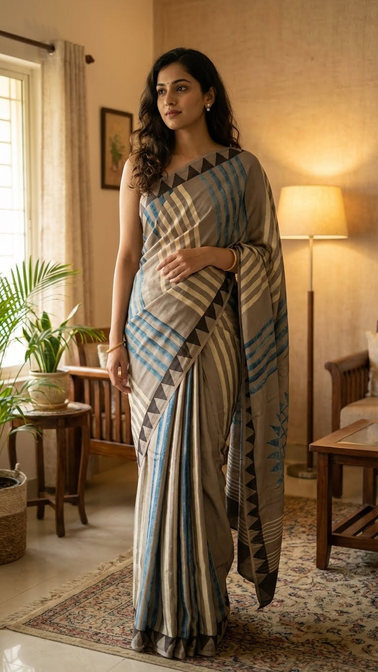 Woman in a Ajrakh Modal Silk Saree – Beige & Brown with Blue Stripes and Triangular Border with geometric patterns standing in a well-lit room with decor elements.