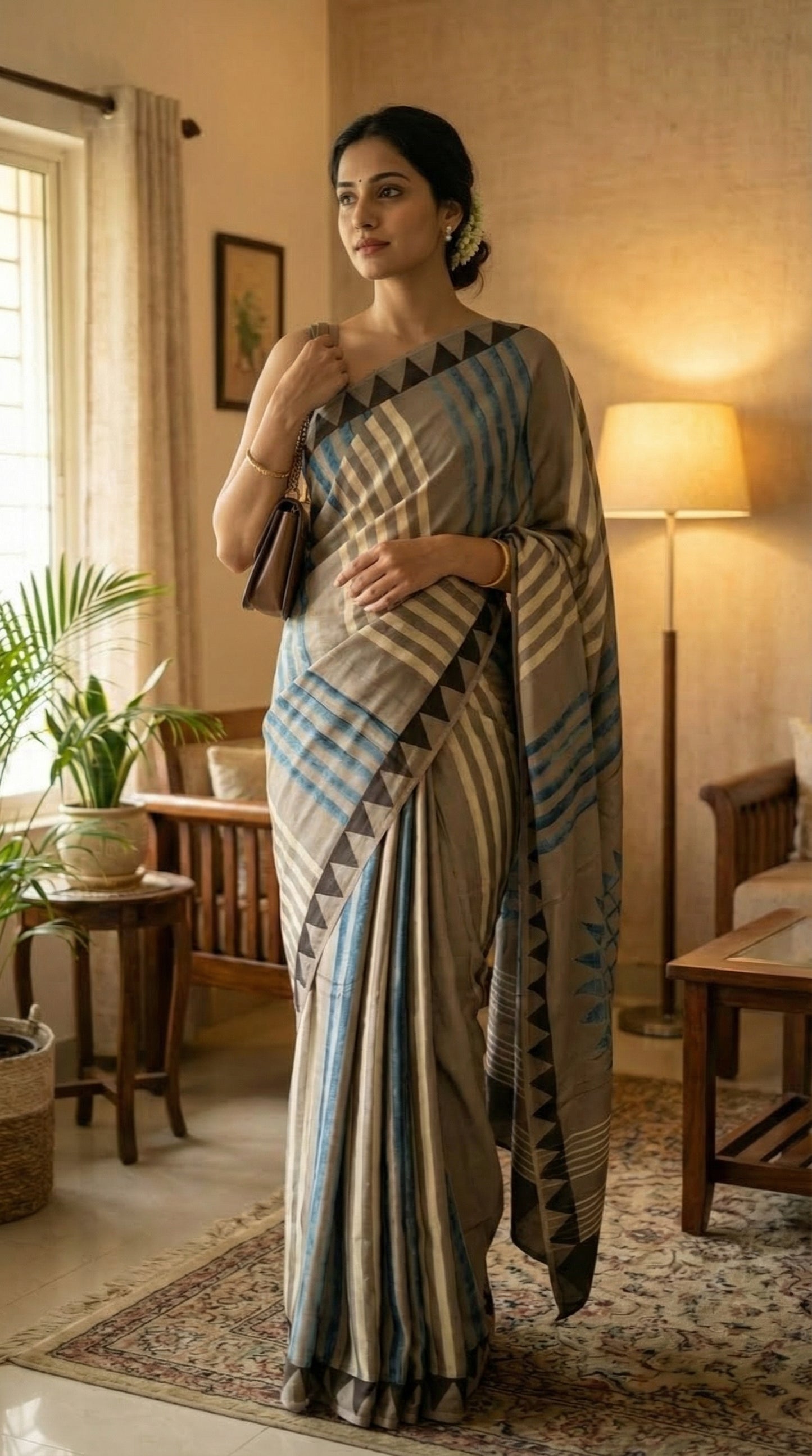 Woman in a Ajrakh Modal Silk Saree – Beige & Brown with Blue Stripes and Triangular Border with geometric patterns standing in a well-lit room with decor elements.