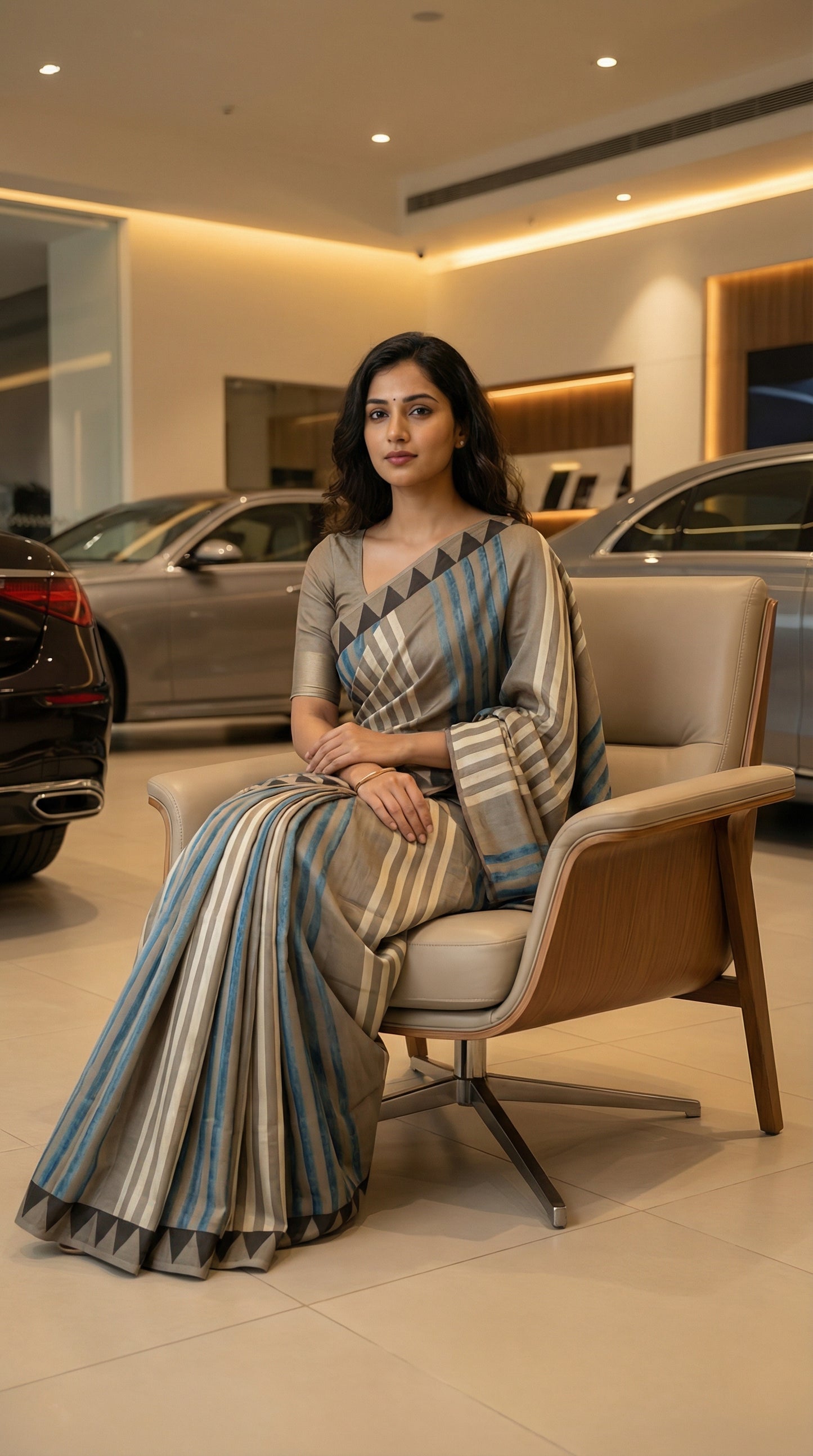 Woman in a Ajrakh Modal Silk Saree – Beige & Brown with Blue Stripes and Triangular Border with geometric patterns sitting in a luxury car showroom.
