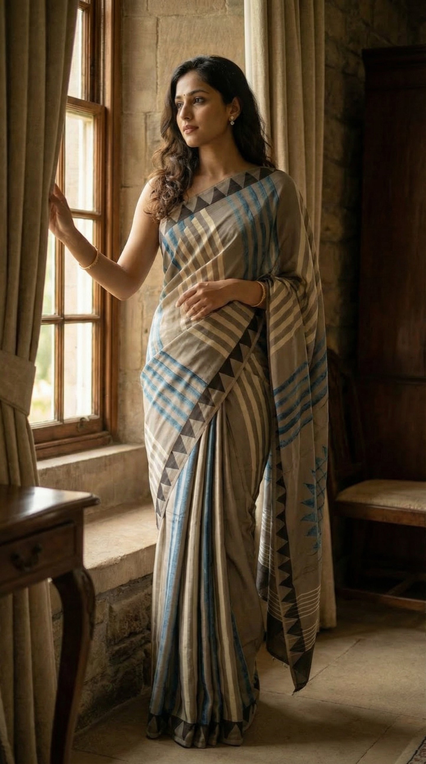Woman in a Ajrakh Modal Silk Saree – Beige & Brown with Blue Stripes and Triangular Border with geometric patterns standing by a window in a warm-toned room.