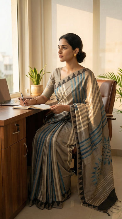 Woman in a Ajrakh Modal Silk Saree – Beige & Brown with Blue Stripes and Triangular Border with geometric patterns sitting at a desk with a laptop, surrounded by plants.