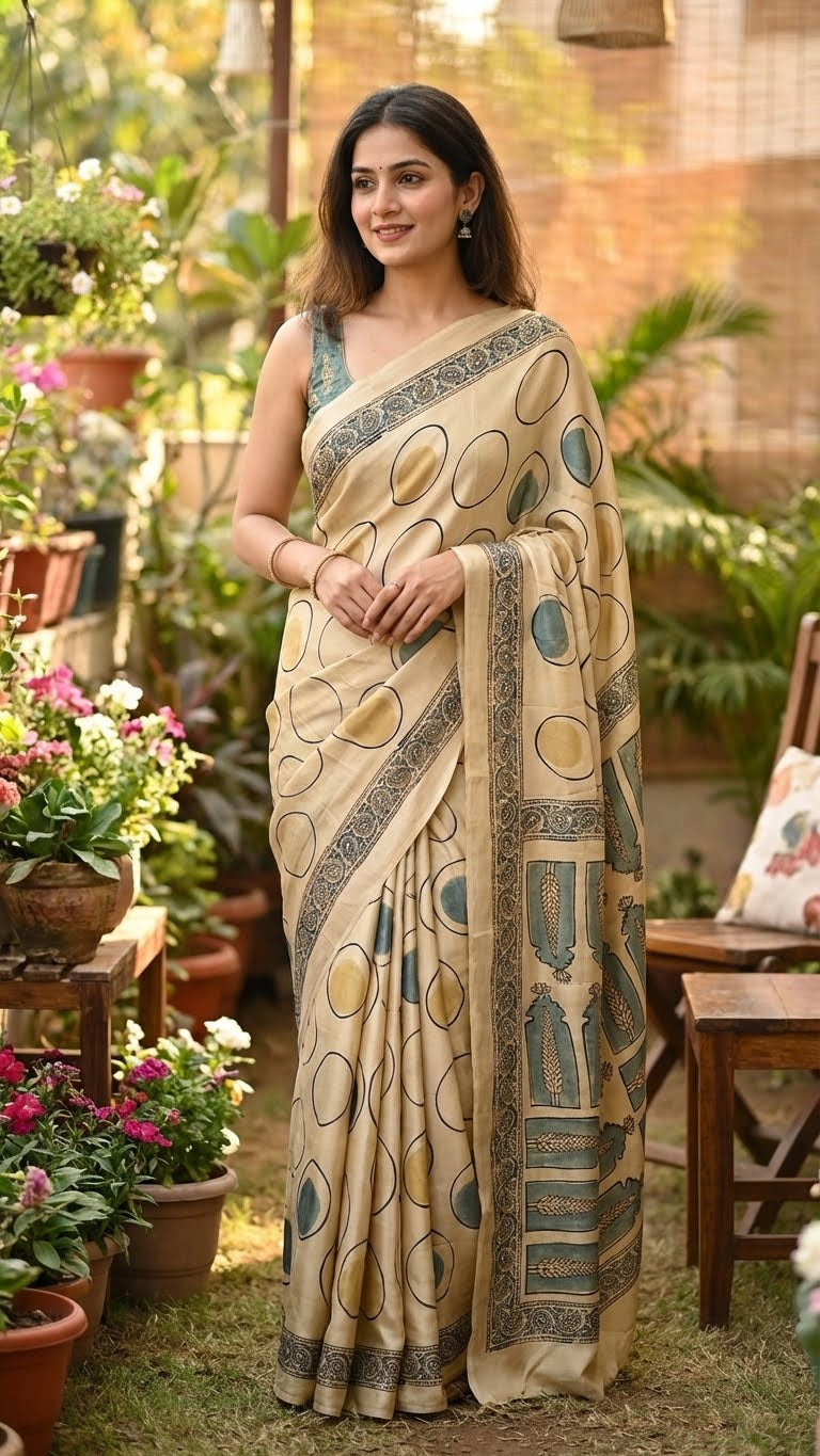 Woman wearing Ajrakh Modal Silk Saree – Beige with Golden & Olive Circular Motifs and Feather Pallu with intricate patterns in an outdoor setting with plants and furniture.