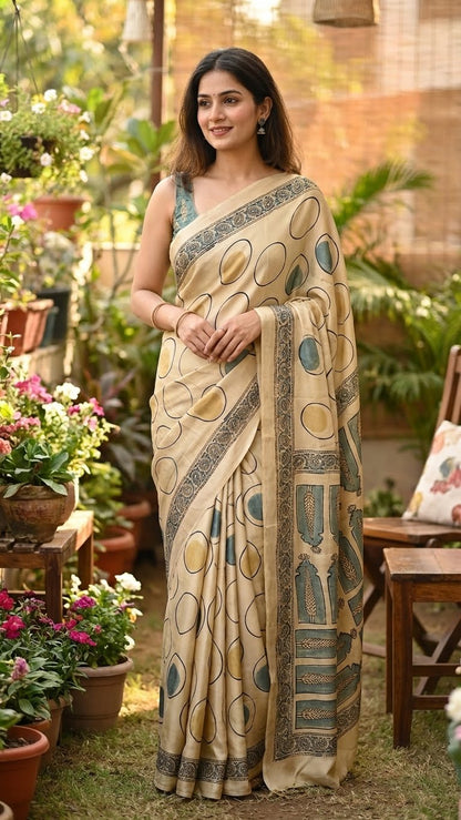 Woman wearing Ajrakh Modal Silk Saree – Beige with Golden & Olive Circular Motifs and Feather Pallu with intricate patterns in an outdoor setting with plants and furniture.