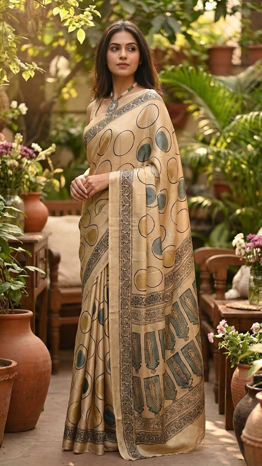 Woman wearing Ajrakh Modal Silk Saree – Beige with Golden & Olive Circular Motifs and Feather Pallu with intricate patterns in an outdoor setting with plants and furniture.