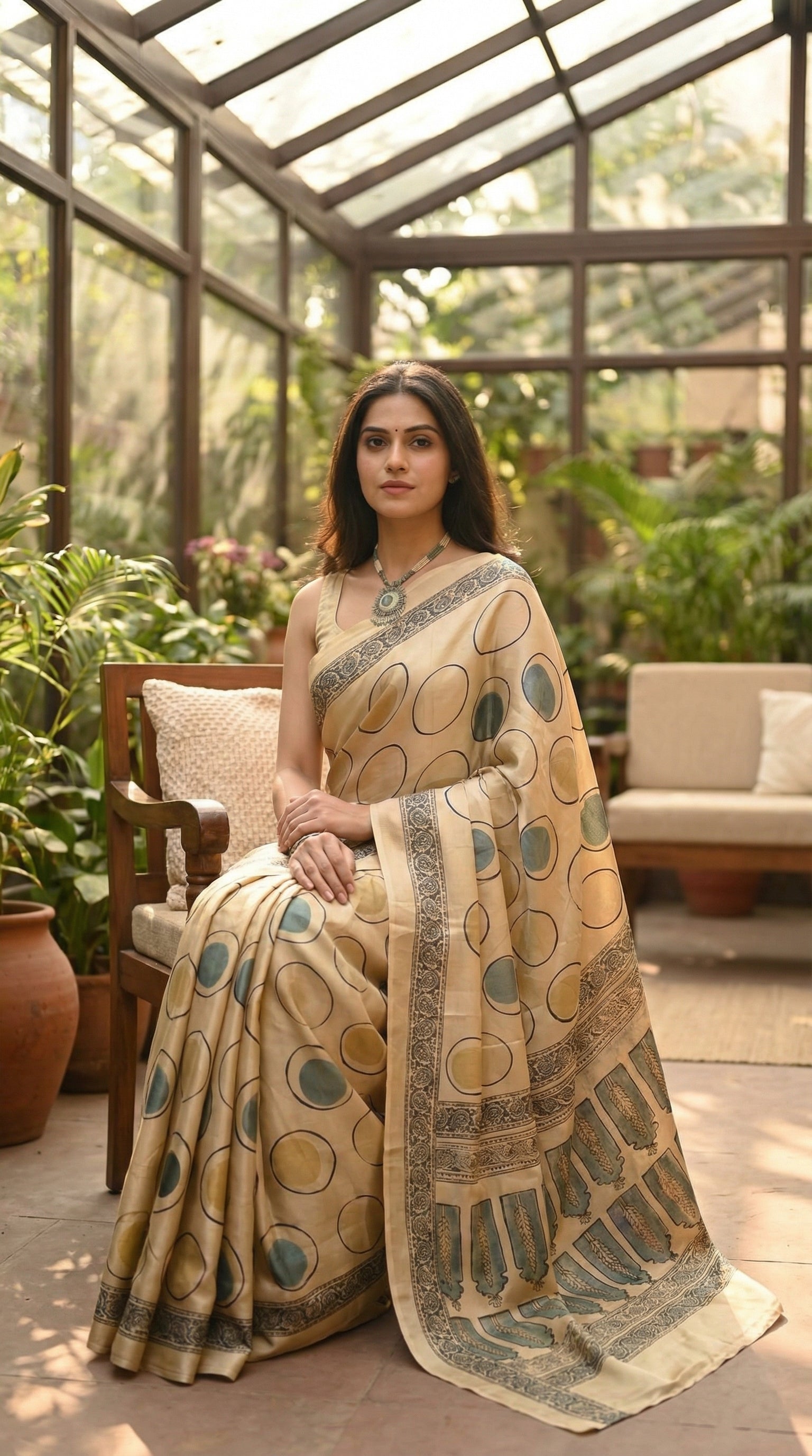 Woman wearing Ajrakh Modal Silk Saree – Beige with Golden & Olive Circular Motifs and Feather Pallu with intricate patterns sitting in a greenhouse with plants and furniture.