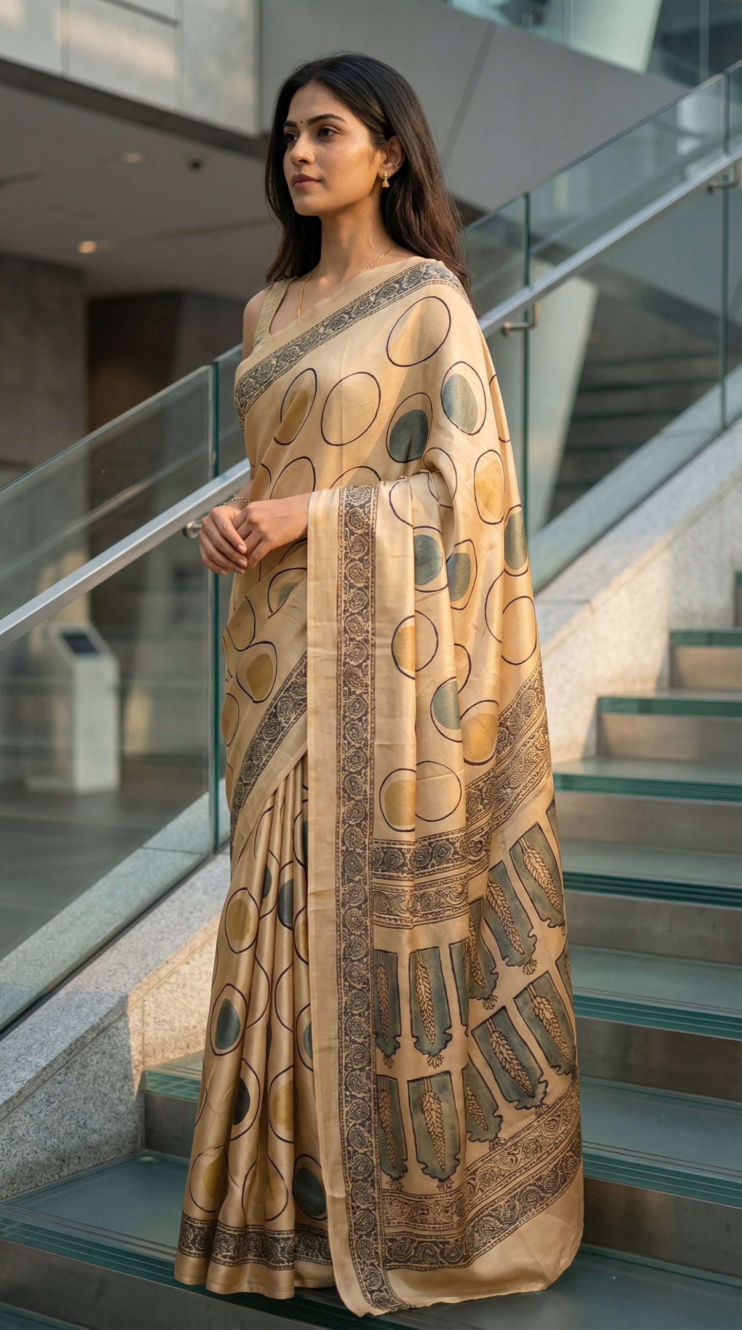 Woman wearing Ajrakh Modal Silk Saree – Beige with Golden & Olive Circular Motifs and Feather Pallu with intricate patterns with a geometric pattern in an indoor setting.