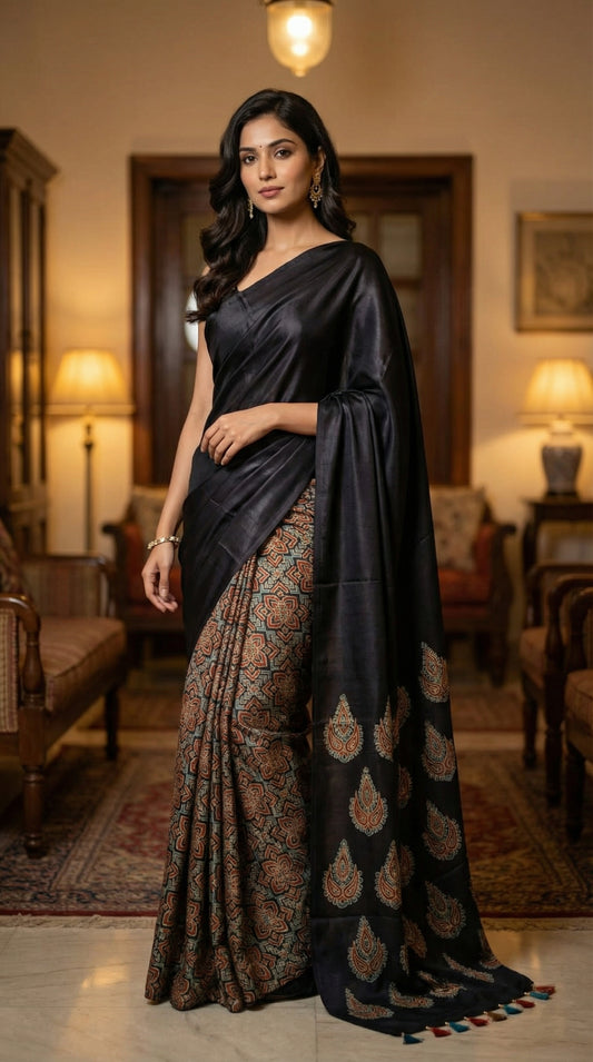 Woman wearing a Ajrakh Modal Silk Saree – Black with Earthy Motifs and Tassel-Embellished Pallu saree with floral patterns, in an indoor setting.