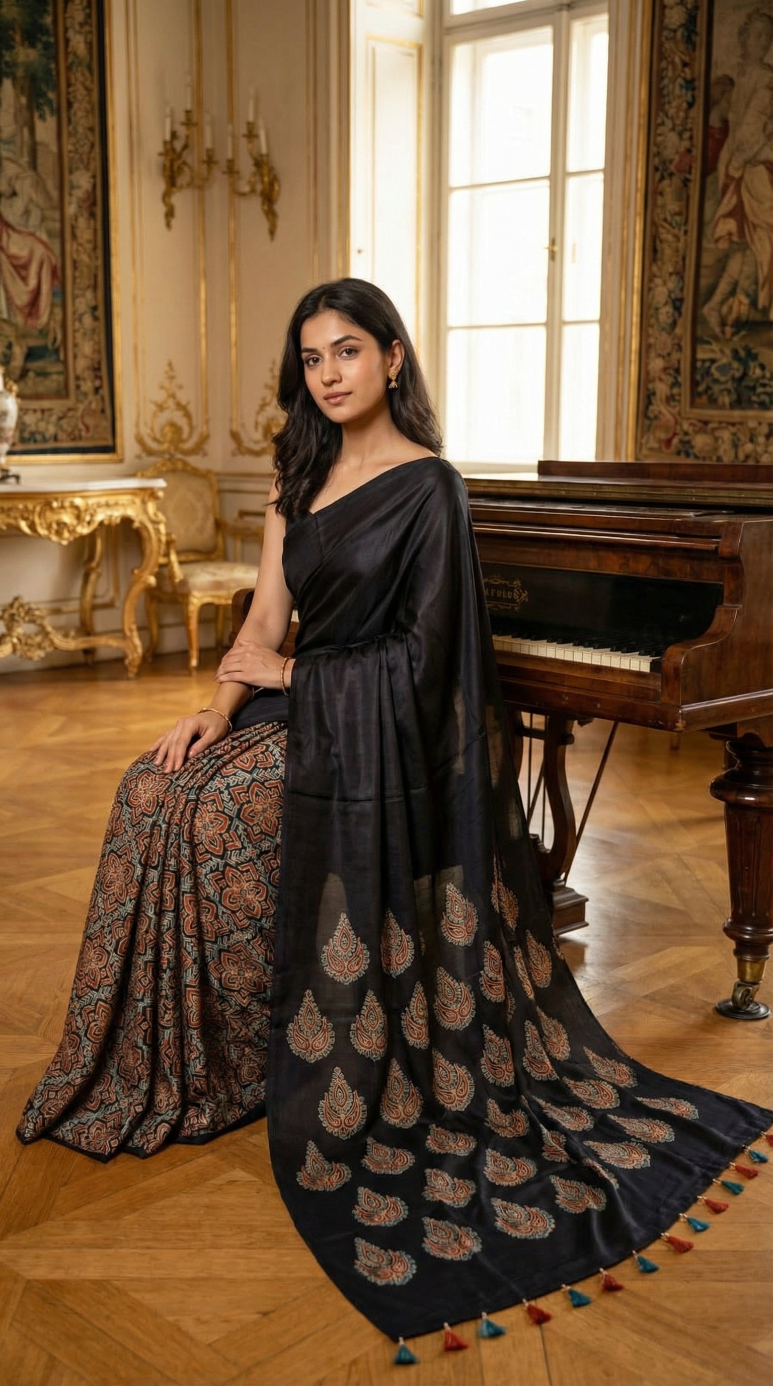 Woman wearing a Ajrakh Modal Silk Saree – Black with Earthy Motifs and Tassel-Embellished Pallu saree with floral patterns, sitting next to a piano in an elegant room.