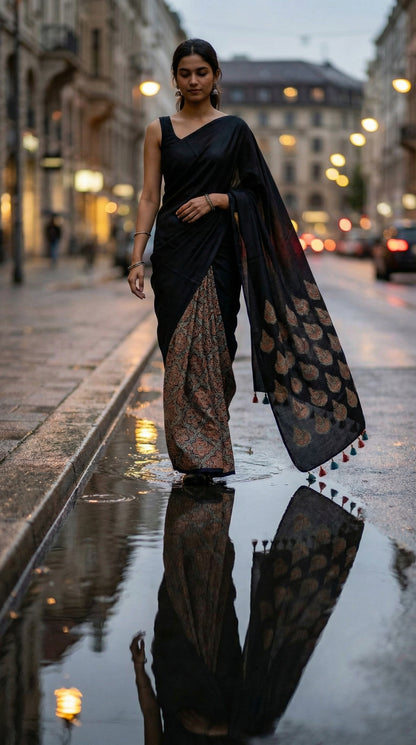 Woman wearing a Ajrakh Modal Silk Saree – Black with Earthy Motifs and Tassel-Embellished Pallu saree with floral patterns, standing on a city street at night.