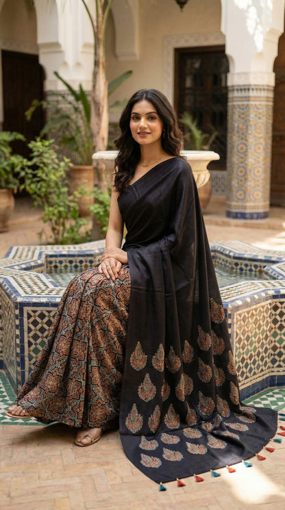 Woman wearing a Ajrakh Modal Silk Saree – Black with Earthy Motifs and Tassel-Embellished Pallu saree with floral patterns, sitting on a decorative stone bench.