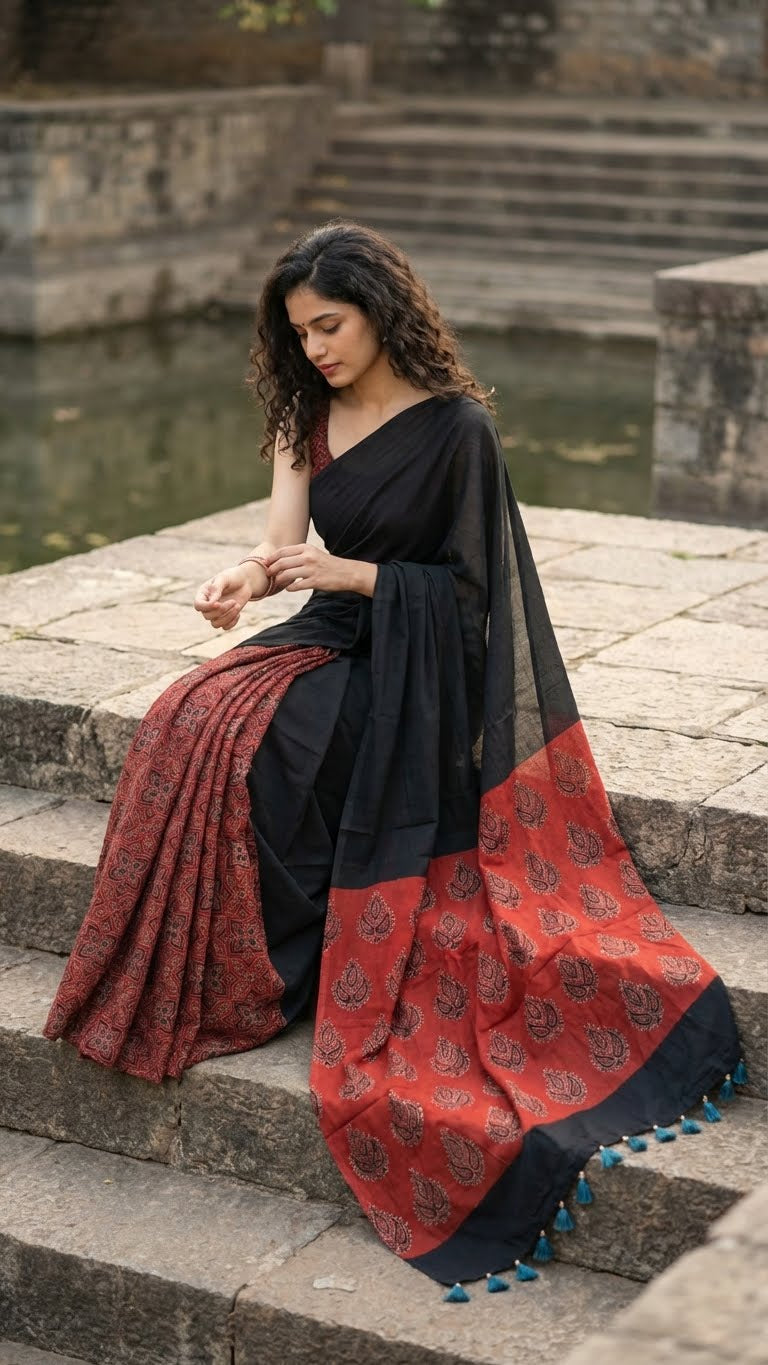 Woman in a ajrakh modal silk saree – black with red tribal motif pallu and geometric pleats saree draped sitting on stone steps by a body of water.