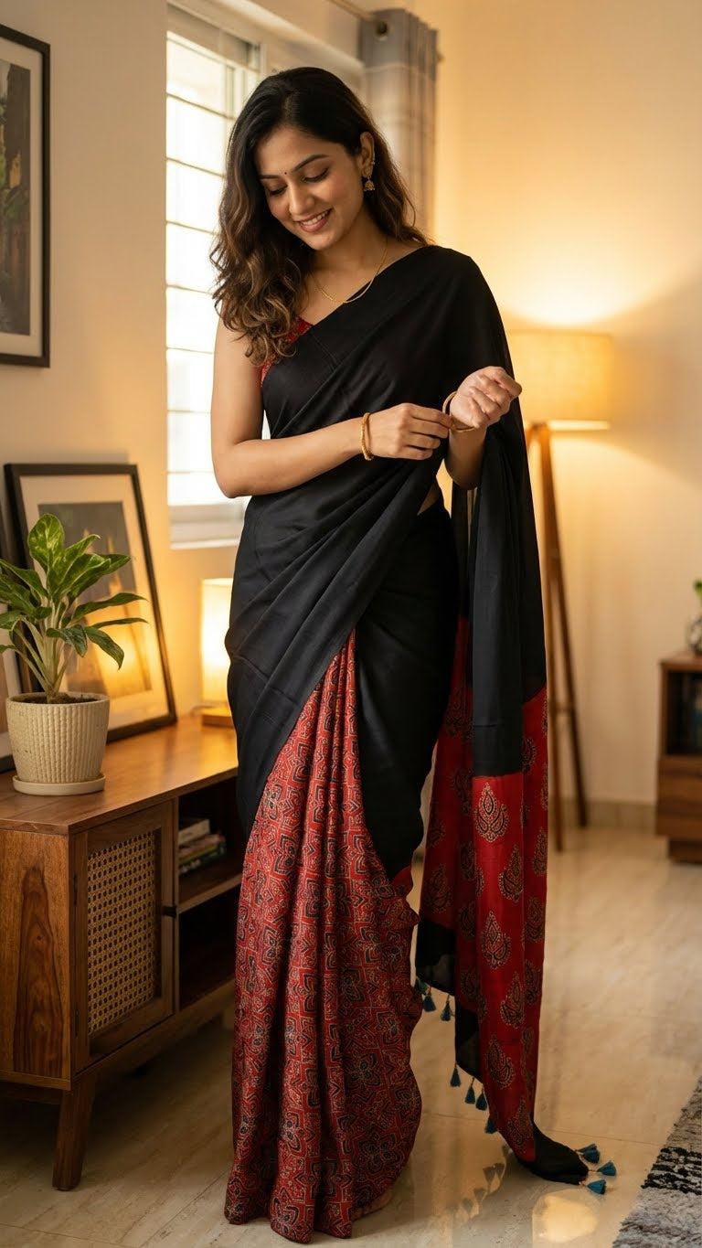 Woman in a ajrakh modal silk saree – black with red tribal motif pallu and geometric pleats saree draped standing in a room with decor elements.