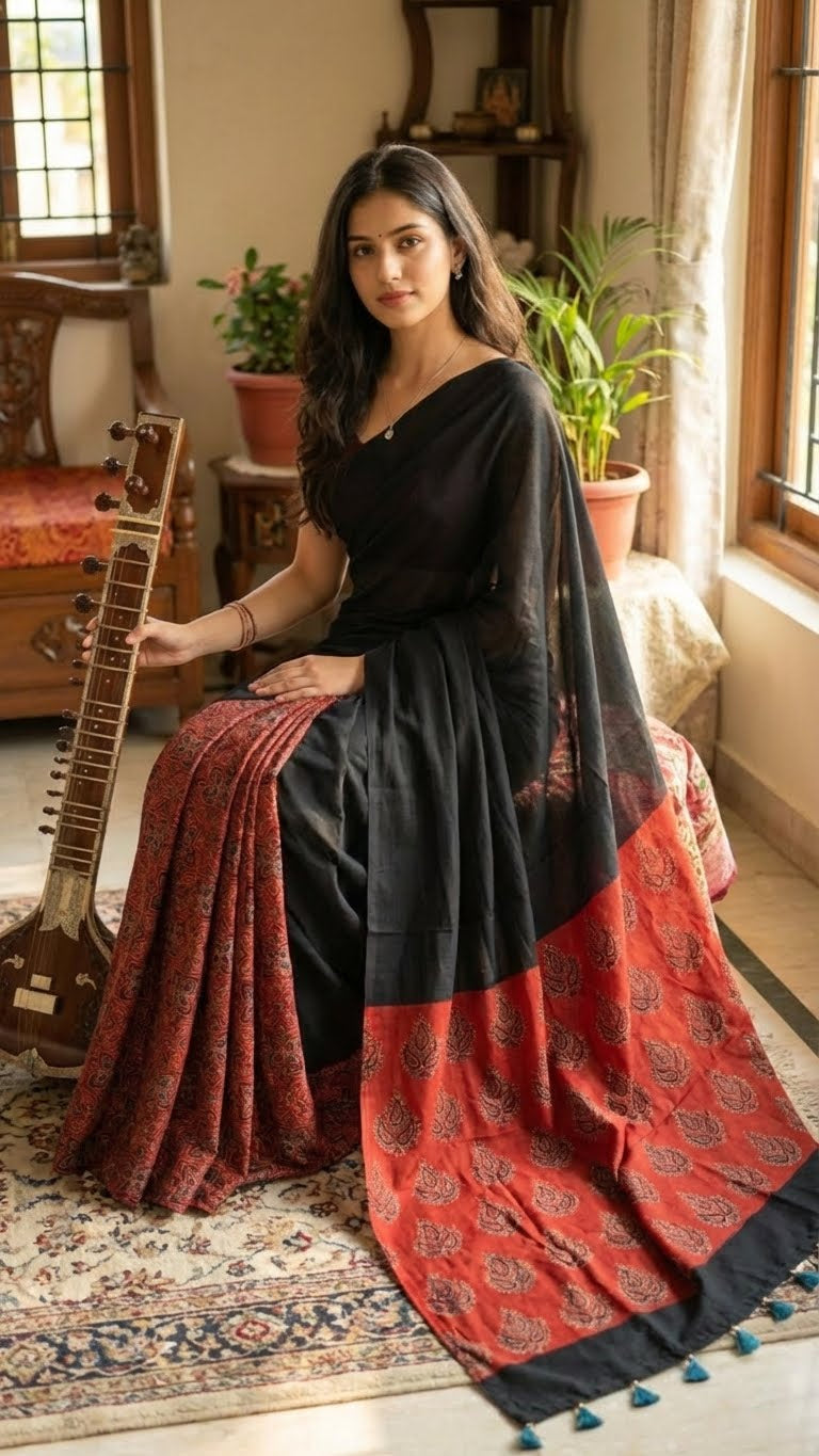 Woman in a ajrakh modal silk saree – black with red tribal motif pallu and geometric pleats saree draped sitting on a rug with a guitar and plants in the background.