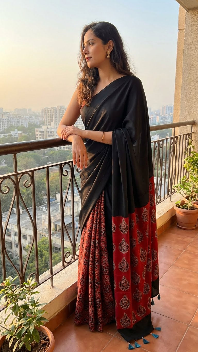 Woman in a ajrakh modal silk saree – black with red tribal motif pallu and geometric pleats saree draped standing on a balcony with a cityscape view.