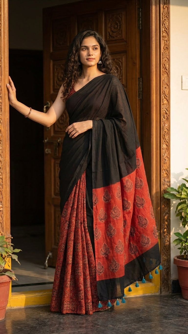 Woman wearing a ajrakh modal silk saree – black with red tribal motif pallu and geometric pleats saree draped standing in a doorway.