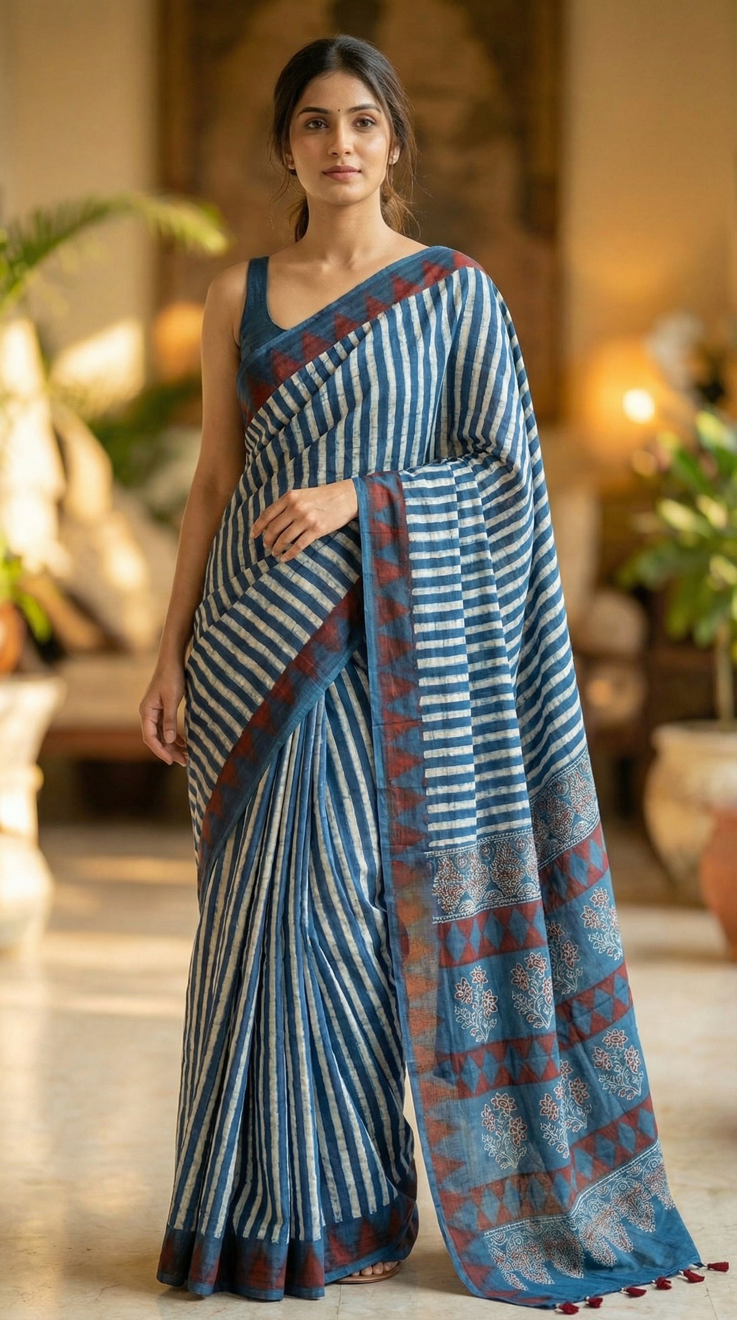 Woman in a Ajrakh Modal Silk Saree – Blue & Maroon with White Floral Painted and Striped Pallu saree with floral and striped patterns, with a matching blouse in an indoor setting.