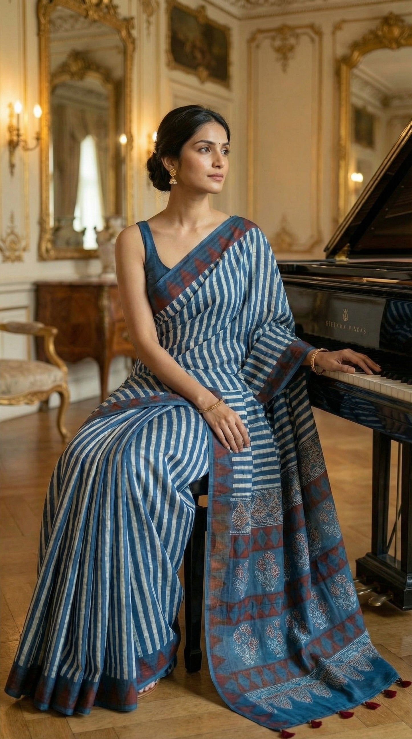 Woman in a Ajrakh Modal Silk Saree – Blue & Maroon with White Floral Painted and Striped Pallu saree with floral and striped patterns, sitting next to a piano in an elegant room.