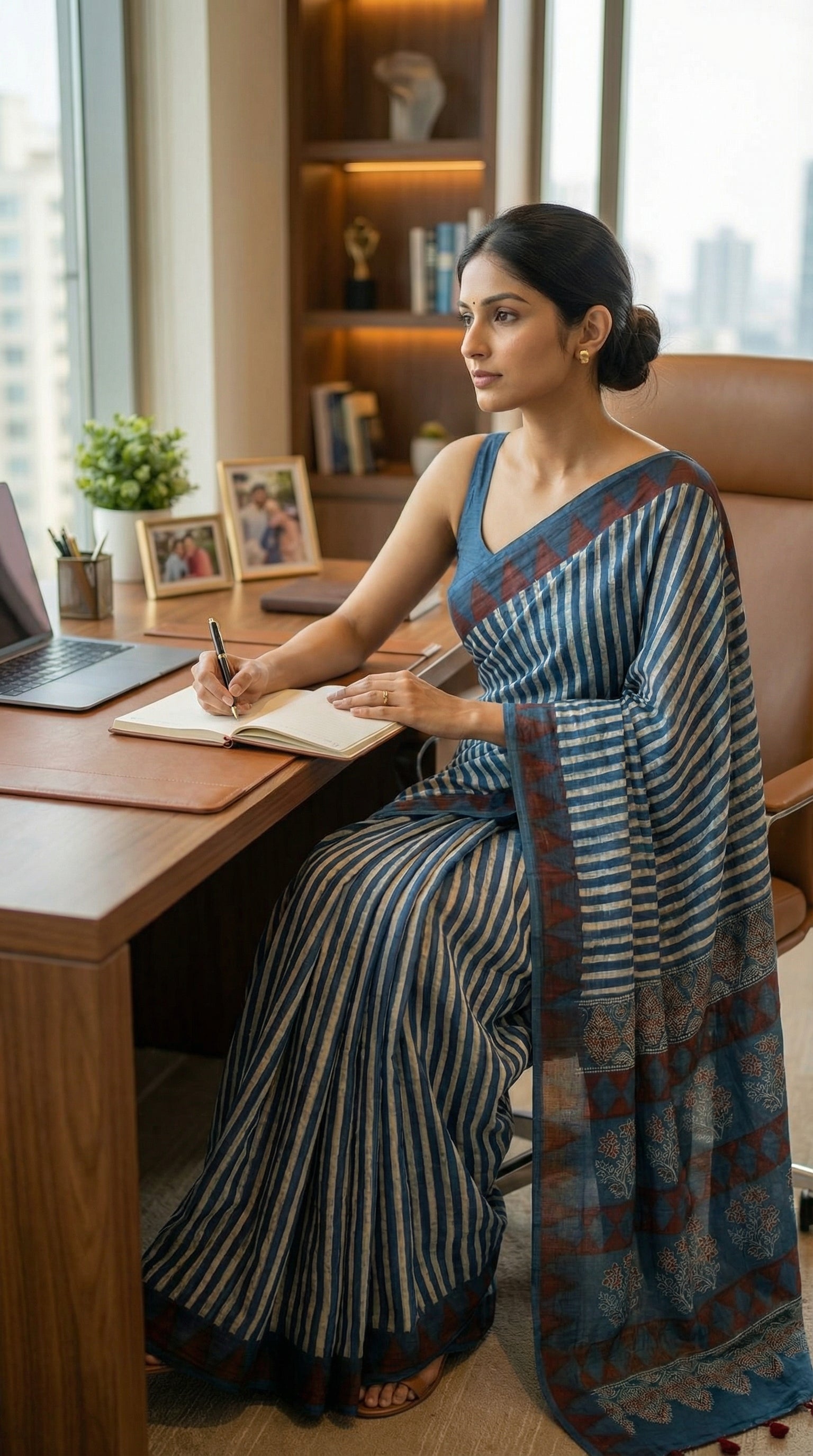 Woman in a Ajrakh Modal Silk Saree – Blue & Maroon with White Floral Painted and Striped Pallu saree with floral and striped patterns, sitting at a desk with a laptop and notebook, in an office setting.