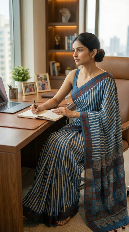 Woman in a Ajrakh Modal Silk Saree – Blue & Maroon with White Floral Painted and Striped Pallu saree with floral and striped patterns, sitting at a desk with a laptop and notebook, in an office setting.