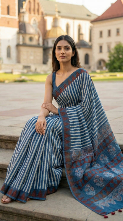Woman in a Ajrakh Modal Silk Saree – Blue & Maroon with White Floral Painted and Striped Pallu saree with floral and striped patterns, sitting on steps with a building in the background.