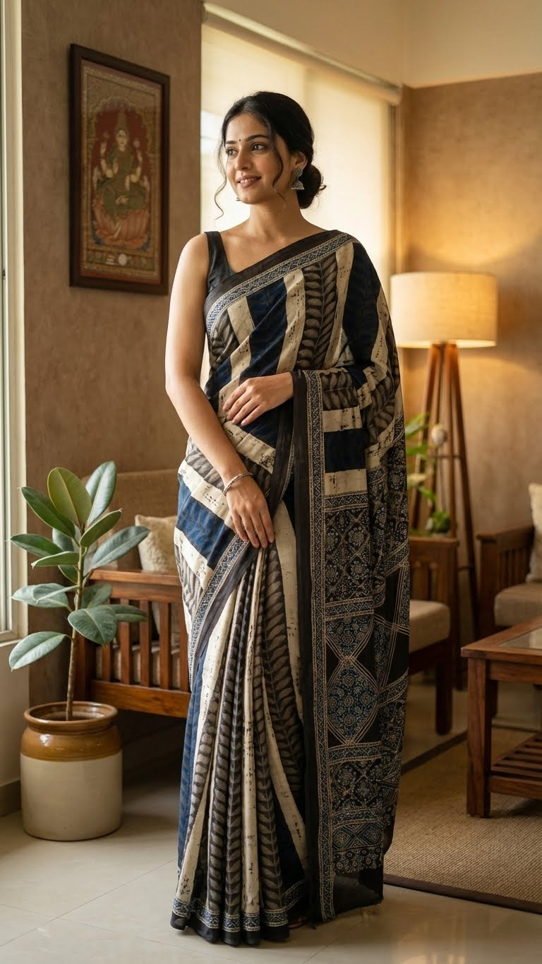 Woman in Ajrakh Modal Silk Saree – Dark Blue, Beige & Black with Geometric Floral Pallu with intricate patterns standing in a living room.