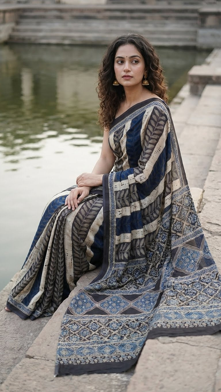 Woman in Ajrakh Modal Silk Saree – Dark Blue, Beige & Black with Geometric Floral Pallu with intricate patterns sitting by a body of water.