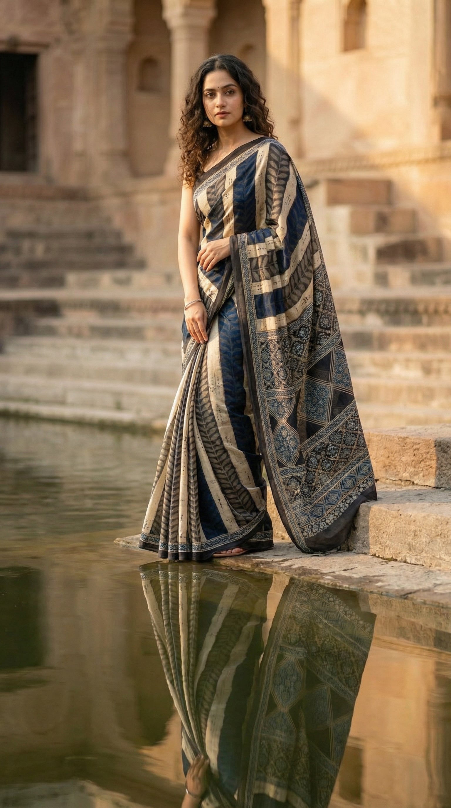 Woman in Ajrakh Modal Silk Saree – Dark Blue, Beige & Black with Geometric Floral Pallu with intricate patterns, standing by a reflective water surface with architectural elements in the background.