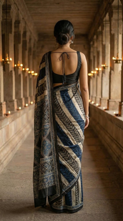 Woman in Ajrakh Modal Silk Saree – Dark Blue, Beige & Black with Geometric Floral Pallu with intricate patterns, in an architectural setting.