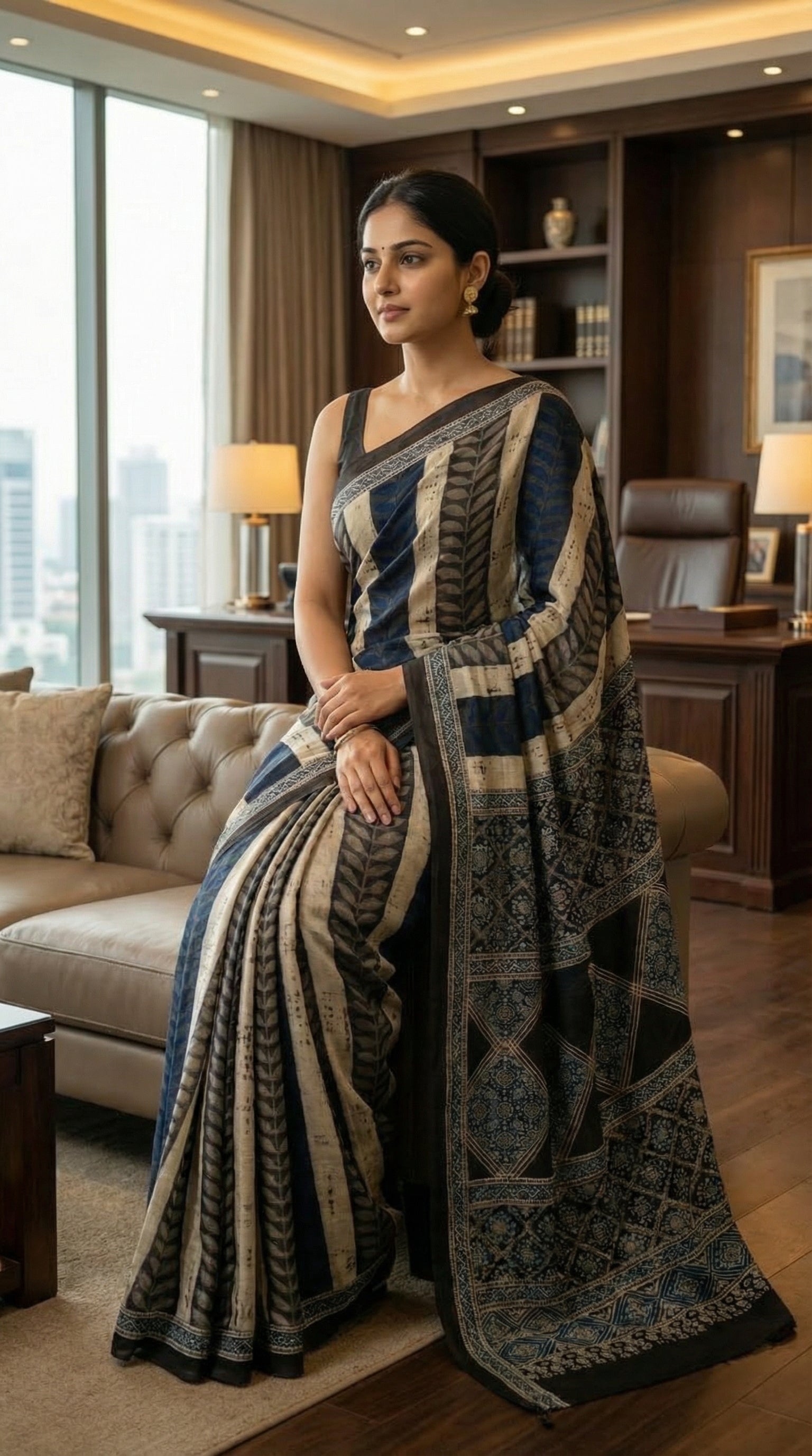 Woman in Ajrakh Modal Silk Saree – Dark Blue, Beige & Black with Geometric Floral Pallu with intricate patterns, sitting in a stylish room with decor elements.