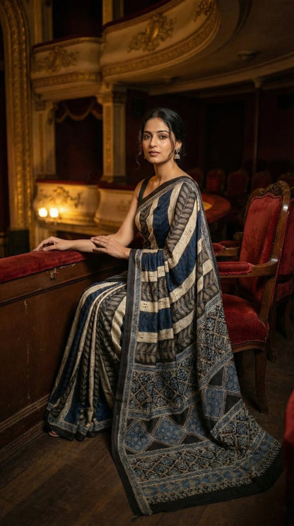 Woman in a Woman in Ajrakh Modal Silk Saree – Dark Blue, Beige & Black with Geometric Floral Pallu with intricate patterns, sitting in an elegant interior setting.