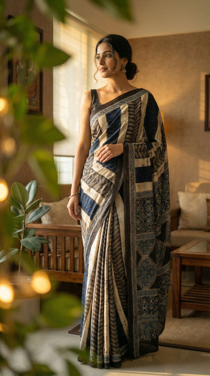 Woman in Ajrakh Modal Silk Saree – Dark Blue, Beige & Black with Geometric Floral Pallu with intricate patterns, standing in a well-lit room with decor elements.