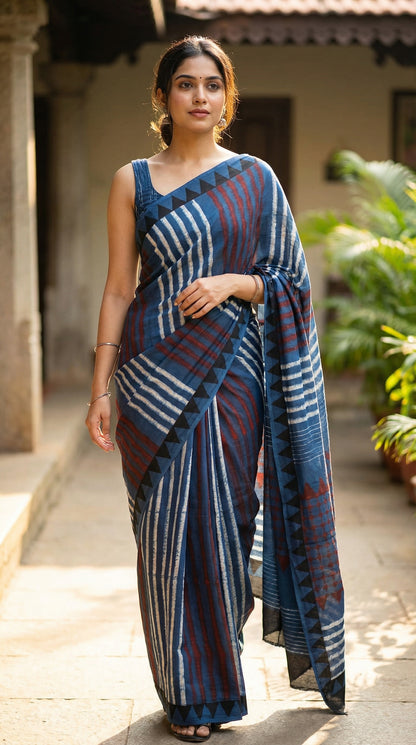 Woman wearing a Ajrakh Modal Silk Saree – Deep Blue with Maroon Chevron & Triangular Border Motifs, in an outdoor setting.