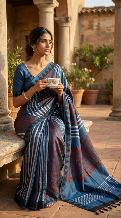 Woman wearing a Ajrakh Modal Silk Saree – Deep Blue with Maroon Chevron & Triangular Border Motifs sitting outdoors holding a cup.