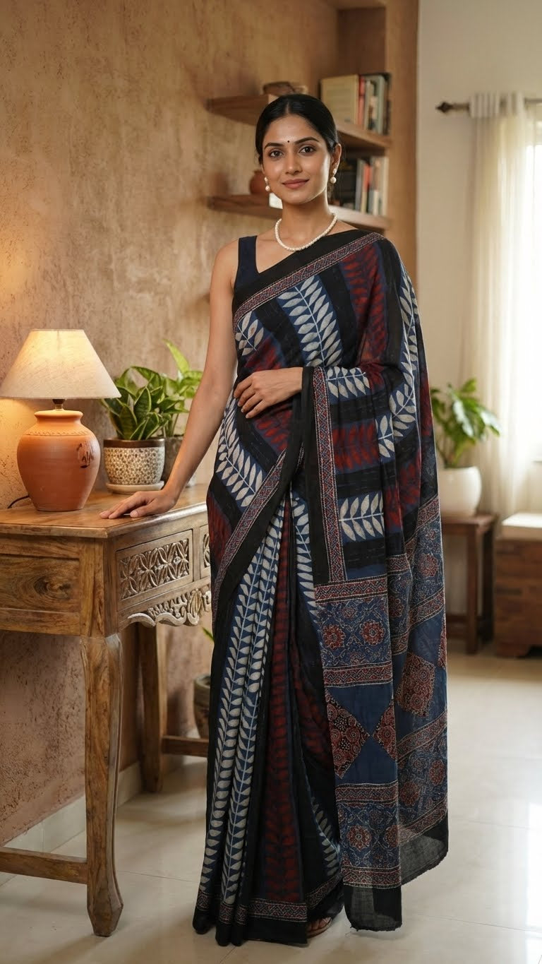 Woman wearing a Ajrakh Modal Silk Saree – Geometric Black, White, Red & Blue with Intricate Pallu in a home setting.